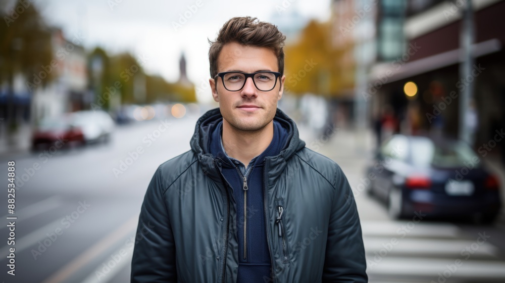 Obraz premium Portrait of a young man with glasses standing confidently in an urban environment, showcasing modern casual style.