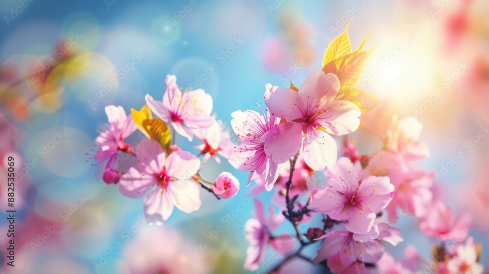 Close-up of blooming pink cherry blossoms with sunlight filtering through, representing the beauty of spring and new beginnings. Close-up of blooming pink cherry blossoms with sunlight filtering through, representing the beauty of spring and new beginnings.