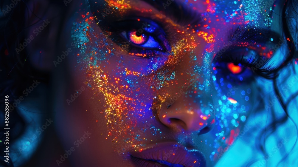 Close-up of a woman's face adorned with colorful neon glitter makeup, creating a vibrant and artistic look. Close-up of a woman's face adorned with colorful neon glitter makeup, creating a vibrant and artistic look.