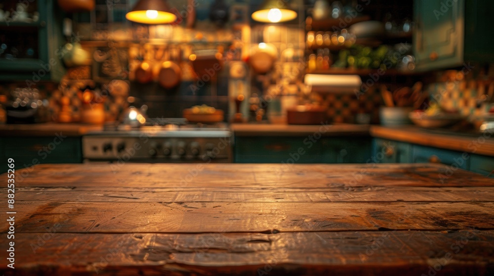 A rustic wooden table in a cozy kitchen with warm lighting and various kitchen utensils creating a homely atmosphere. A rustic wooden table in a cozy kitchen with warm lighting and various kitchen utensils creating a homely atmosphere.