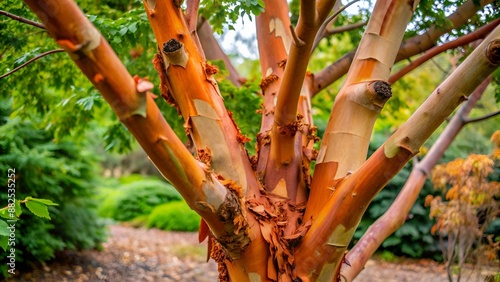 Acer griseum - Erable à écorce de papier ou érable cannelle au tronc et rameaux dénudés à écorce couleur cannelle, brun, roux, rouge, orangé s'exfoliant en rouleaux papyracée photo