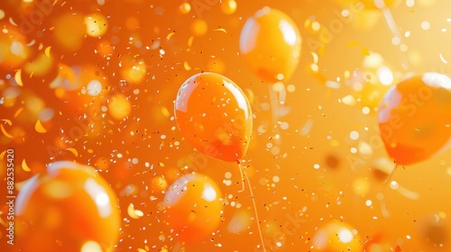 Vibrant orange balloons floating amidst a shower of confetti, creating a lively and festive celebration scene. photo