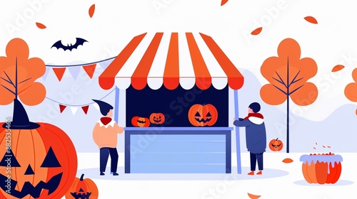 Family-friendly Halloween fair, rides and stalls decorated with creepy decals, children in costumes enjoying games and treats, lively and spooky environment, flat design illustration photo