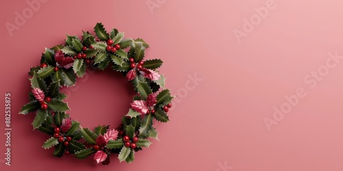 A green Christmas wreath with red berries on a pink background.