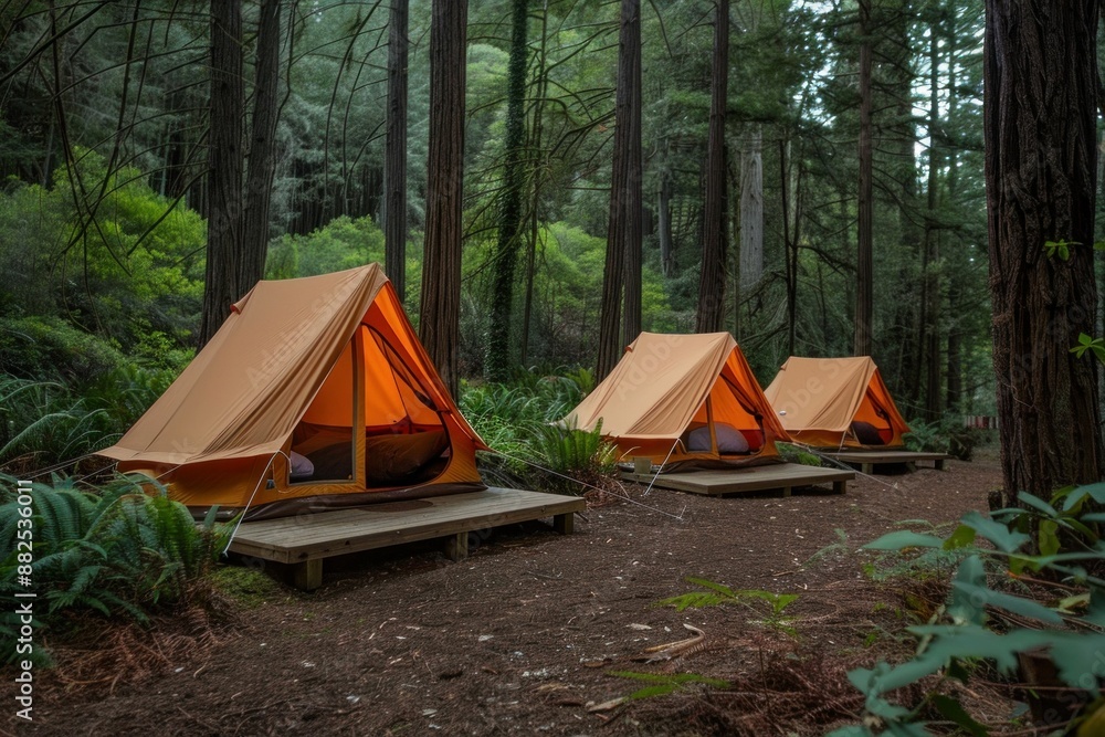 Camping in Tranquil Forest Setting with Three Tents Surrounded by Tall Trees and Nature Beauty Camping in Tranquil Forest Setting with Three Tents Surrounded by Tall Trees and Nature Beauty