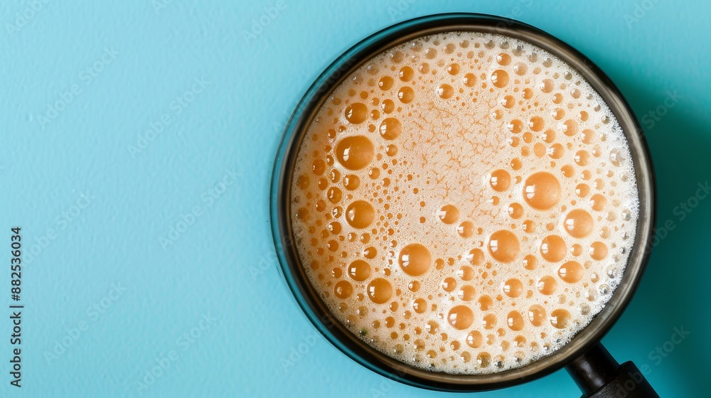 Close-Up Of Bubbles In Orange Liquid Under Magnifying Glass, On Blue Background. Top View. Close-Up Of Bubbles In Orange Liquid Under Magnifying Glass, On Blue Background. Top View.