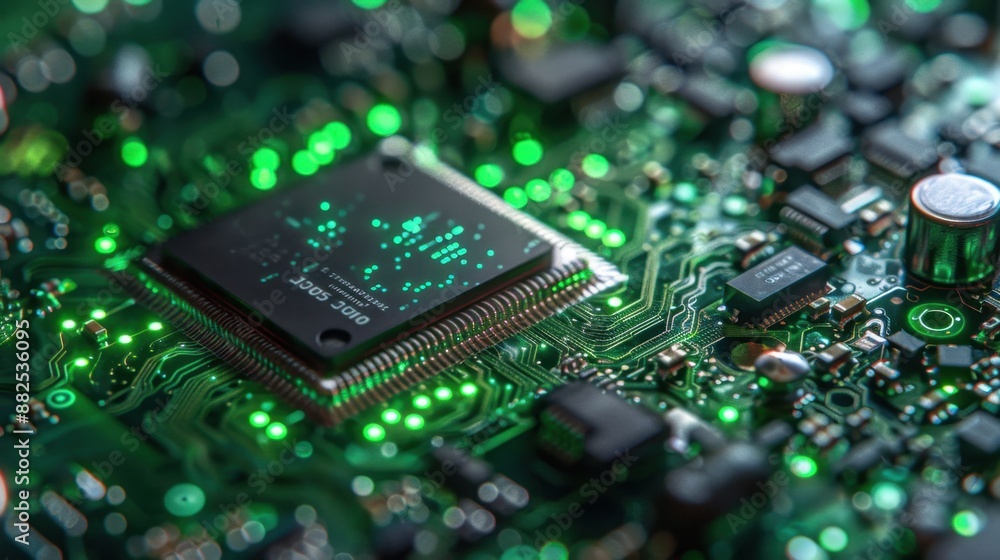 Close-up of a green illuminated motherboard with integrated circuits and microprocessors, showcasing modern technology and electronics. Close-up of a green illuminated motherboard with integrated circuits and microprocessors, showcasing modern technology and electronics.