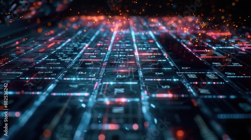 Futuristic data flow with digital matrix and glowing light, showcasing the intricate patterns of modern technology and cyber network connections.