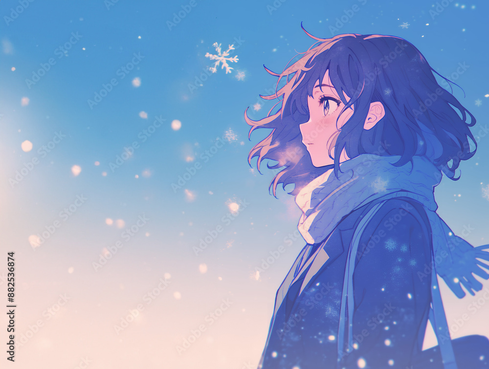 真剣な眼差しの女子学生　冬の背景　AI