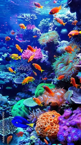 19 Coral reef alive with marine life, vivid colors, clear water, high resolution, wide-angle photo