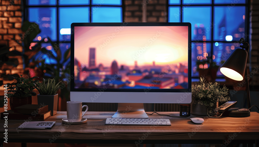 Blank Computer Screen on Desk with Coffee in Loft Office Night Cityscape Background Blank Computer Screen on Desk with Coffee in Loft Office Night Cityscape Background