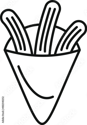 Line art icon of three churros standing upright in a paper cone, perfect for representing street food vendors and menus