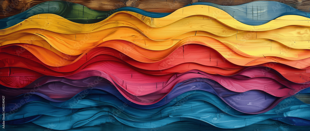 Abstract Rainbow Colors Wooden Wall Art with Wavy Layers, Geometric Shapes, 3D Deco Textured Panel Background Abstract Rainbow Colors Wooden Wall Art with Wavy Layers, Geometric Shapes, 3D Deco Textured Panel Background