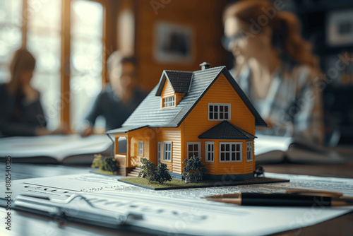 House Model on Table with Contract and Pen, Business People Discussing Mortgage Insurance Loan Real Estate