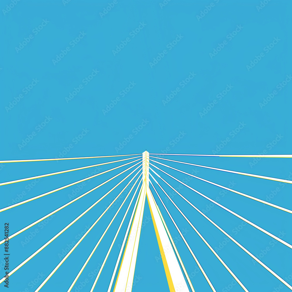 Obraz premium A simple illustration of cables on the top and bottom in perspective of an iconic bridge, set against a vibrant blue sky with white lines accented subtly in yellow.