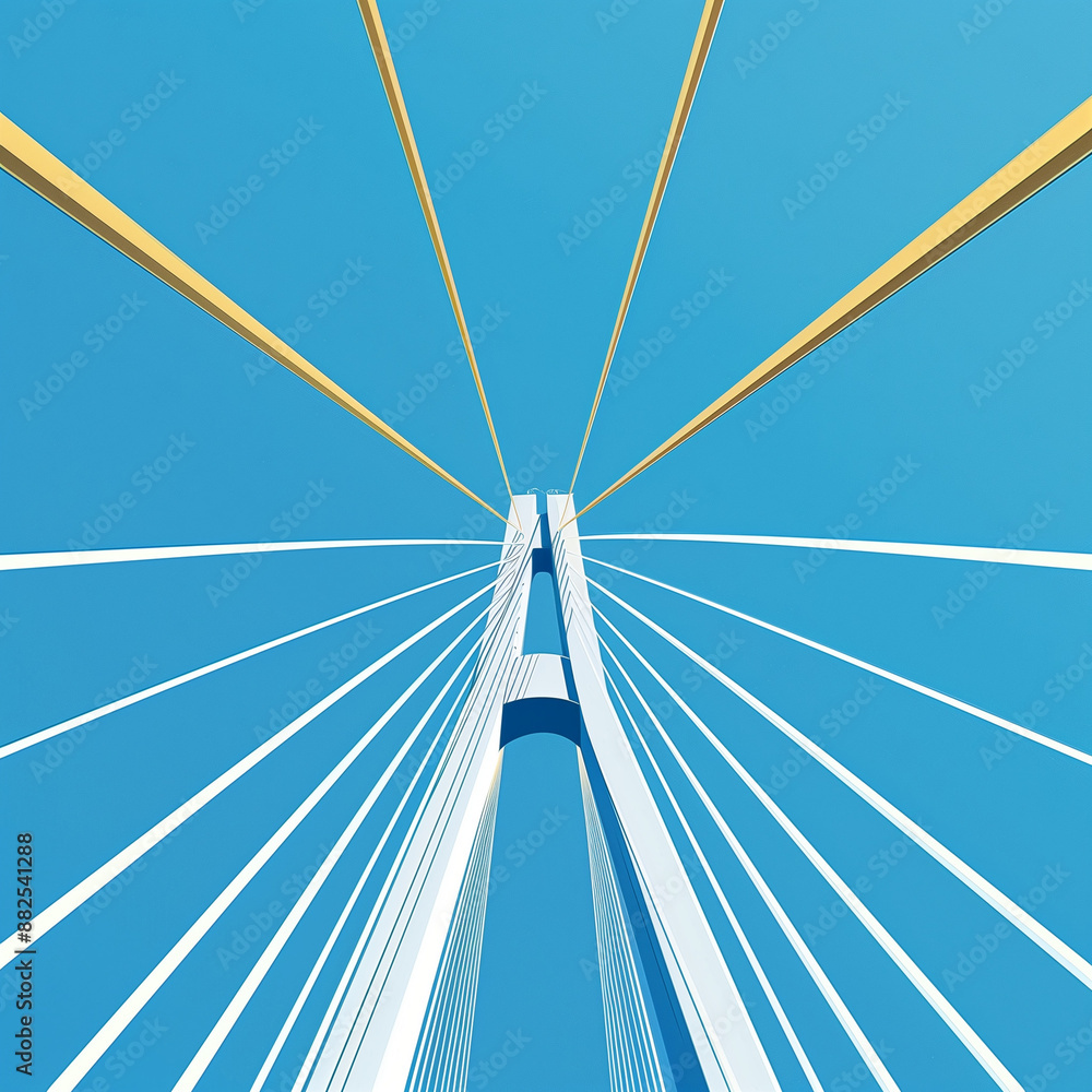 A simple illustration of cables on the top and bottom in perspective of an iconic bridge, set against a vibrant blue sky with white lines accented subtly in yellow. A simple illustration of cables on the top and bottom in perspective of an iconic bridge, set against a vibrant blue sky with white lines accented subtly in yellow.