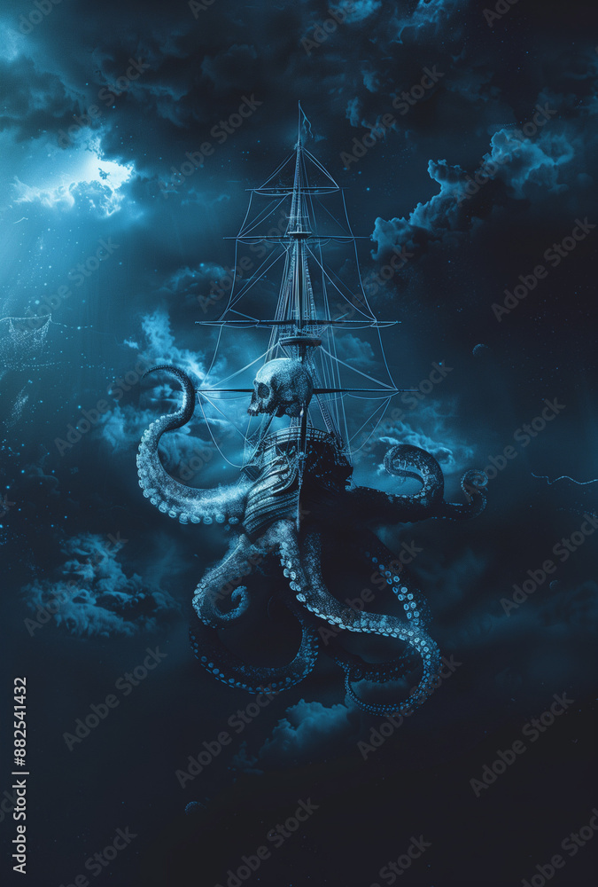 A small ship floats in the sky, accompanied by tentacles and an octopus ...