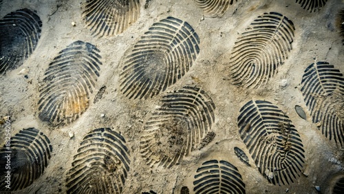 Closeup of wet and dirty human fingerprints on rough cement surface, showcasing detailed texture and pattern of unique identification marks. photo