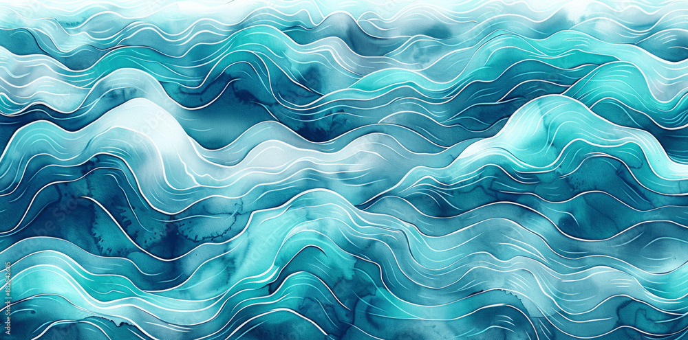 Obraz premium Abstract Teal and Aqua Watercolor Ocean Waves Pattern Seamless Texture for Print Wallpaper Fabric