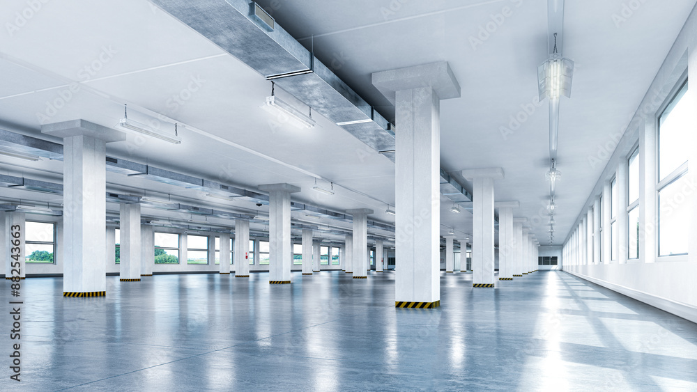 Interior of a bright hangar. industrial premises. 3d illustration Interior of a bright hangar. industrial premises. 3d illustration