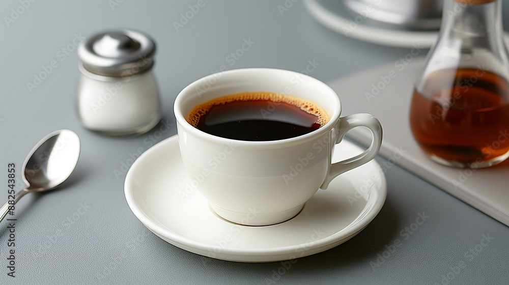 Steaming cup of black coffee sitting on table with sugar and cream Steaming cup of black coffee sitting on table with sugar and cream