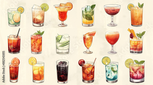 Set of classic cocktails with straws and garnishes illustration