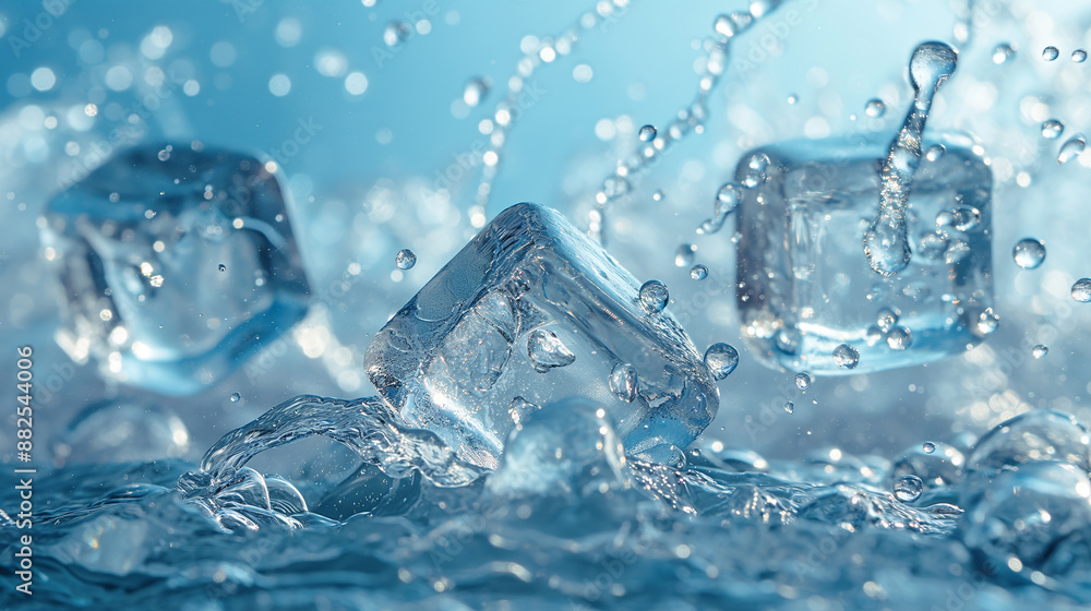 Ice cubes splashing into water creating refreshing coldness Ice cubes splashing into water creating refreshing coldness