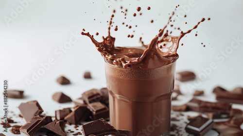 Chocolate milk splashing in glass surrounded by chocolate chunks