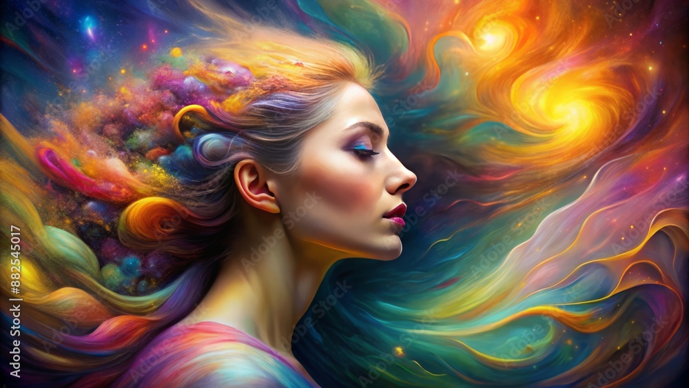 Vibrant colors swirl around a mesmerizing silhouette of an abstract woman's profile, evoking emotions and mystery in a dreamlike atmosphere. Vibrant colors swirl around a mesmerizing silhouette of an abstract woman's profile, evoking emotions and mystery in a dreamlike atmosphere.