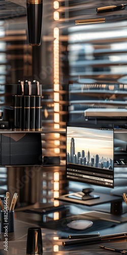 3 Boss's table, sleek design, desktop monitor, luxury pen set, natural light, high detail