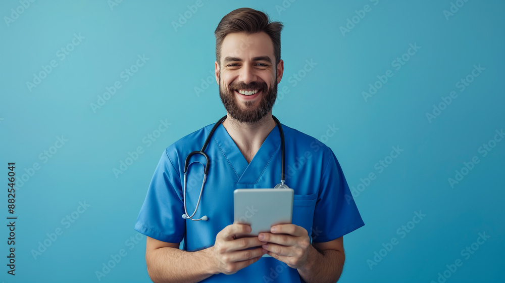 portrait of a happy male surgeon doctor in blue uniform holding digital tablet looking at camera portrait of a happy male surgeon doctor in blue uniform holding digital tablet looking at camera