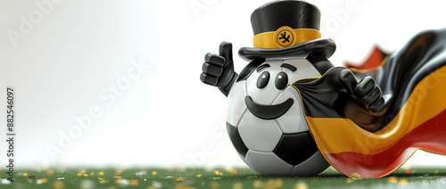 Soccer Ball Character Black Yellow Top Hat German Flag Cape Thumbs Up High Resolution Illustration White Background photo