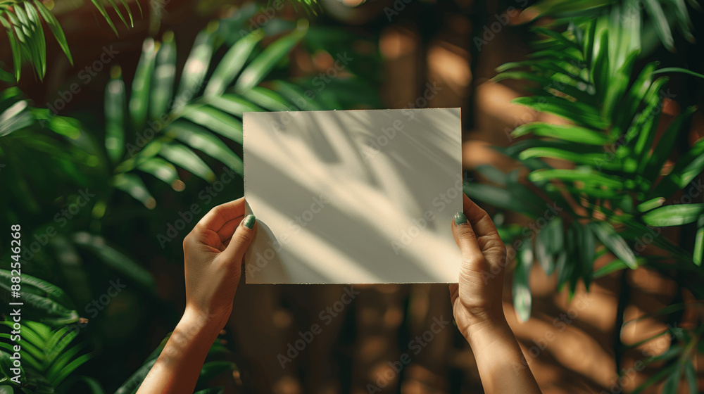 Woman Holding Blank A4 Paper Menu on Table with Sunlight in Restaurant Woman Holding Blank A4 Paper Menu on Table with Sunlight in Restaurant