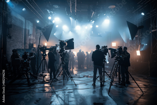 Film Crew Shooting Action Thriller in Studio with Foggy Light and Backlit Actors