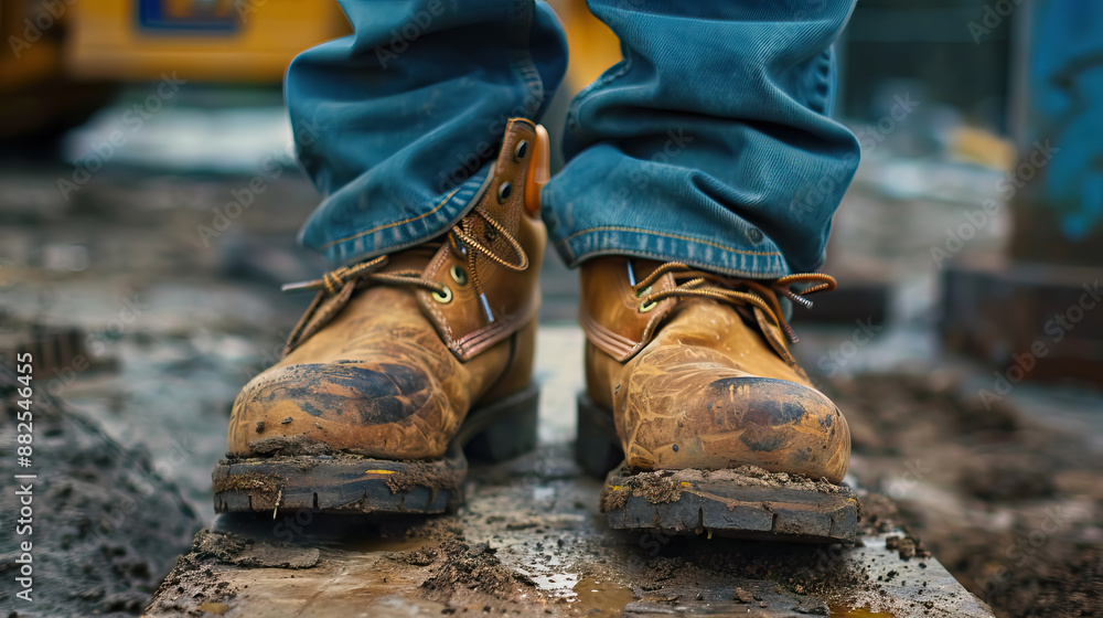 close up dirty Sturdy work boots in construction site representing manual labor for labor day. close up dirty Sturdy work boots in construction site representing manual labor for labor day.