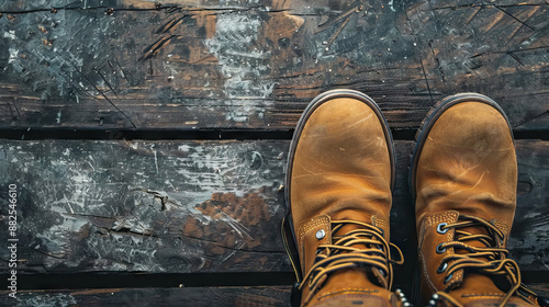 top view Sturdy brown leather shoes on wooden background with copy space for labor day.