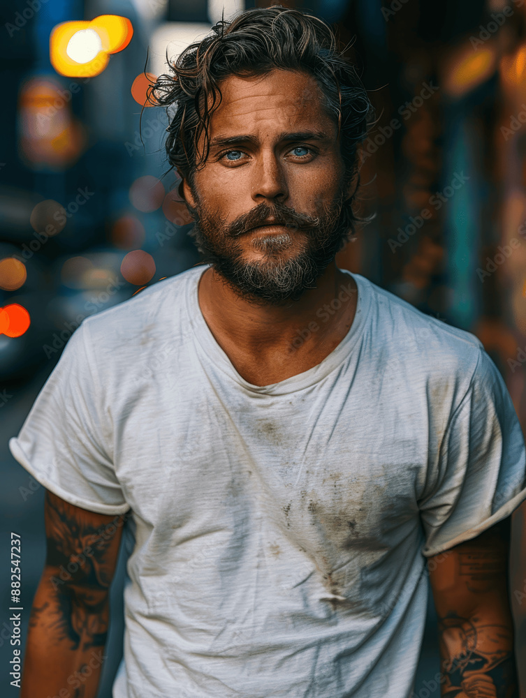 Handsome Bearded Man in White T-Shirt at Night in an Urban Setting Handsome Bearded Man in White T-Shirt at Night in an Urban Setting