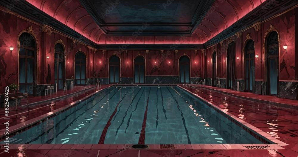 indoor spa resort bathhouse with hot tub and swimming pool in interior of palace mansion castle. wet stone tiles with greek baroque decor design and gothic style. indoor spa resort bathhouse with hot tub and swimming pool in interior of palace mansion castle. wet stone tiles with greek baroque decor design and gothic style.