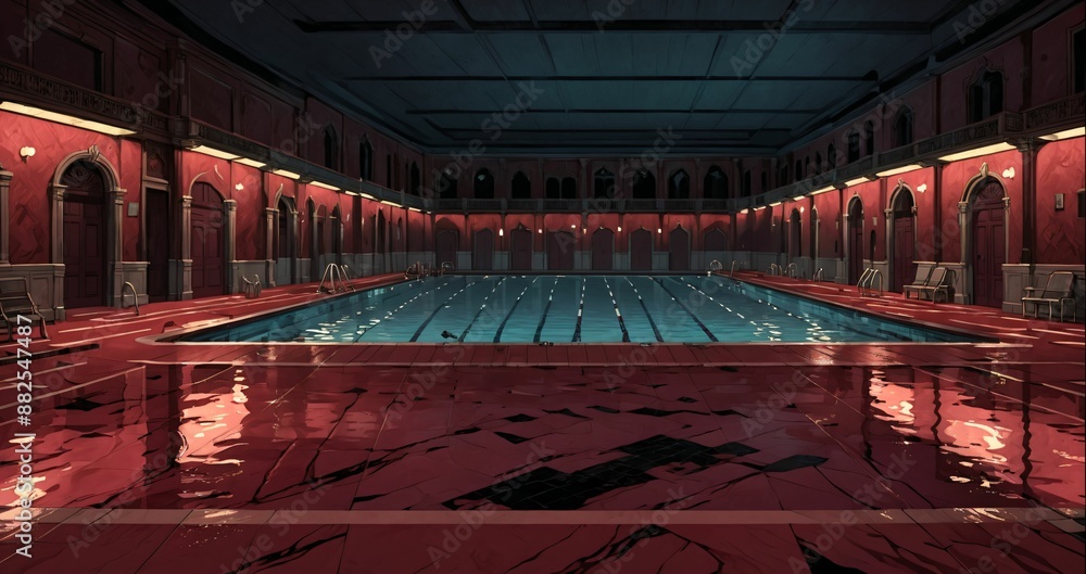 interior of bathhouse spa indoor swimming pool hot tub in palace mansion castle house. steam and fog. luxurious greek and gothic style resort with flower petals scattered on red tile and water. interior of bathhouse spa indoor swimming pool hot tub in palace mansion castle house. steam and fog. luxurious greek and gothic style resort with flower petals scattered on red tile and water.