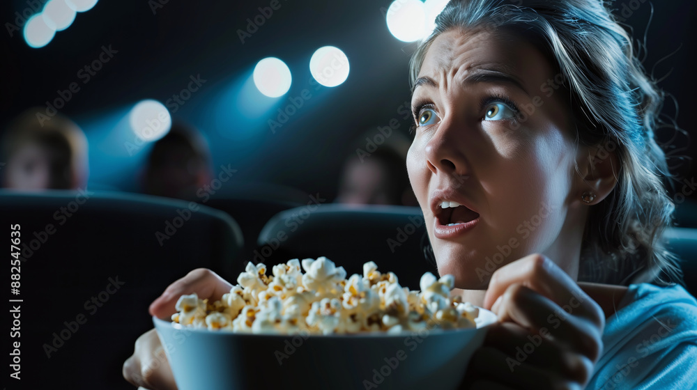 Frightened woman gasping in shock, holding a bowl of popcorn tightly, watching a horror movie at the cinema Frightened woman gasping in shock, holding a bowl of popcorn tightly, watching a horror movie at the cinema