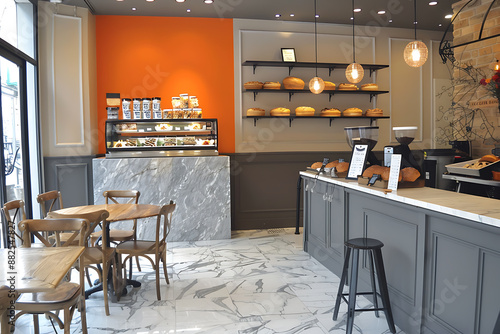 Coffee shop interior with bakery products. 3D Rendering