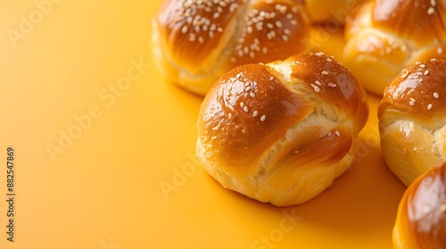 Closeup of Sesame Seed Buns on Yellow Background.