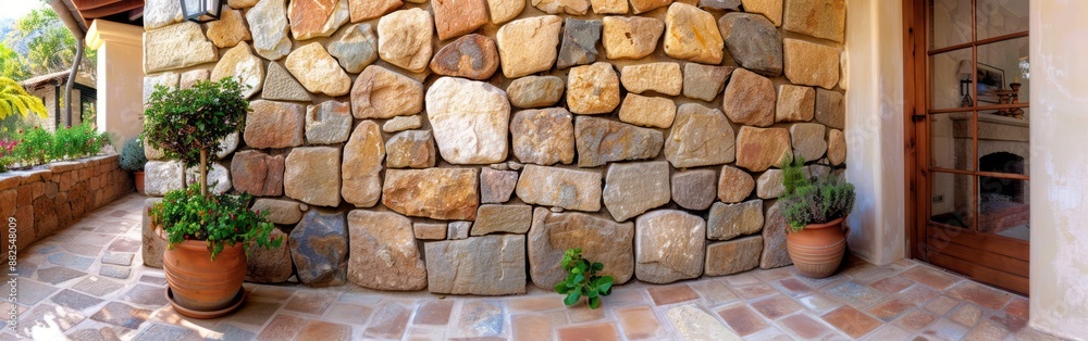 Rustic Beige Stone Wall Texture for Outdoor Garden Architecture Background with Brick Wall Masonry for Privacy Protection Rustic Beige Stone Wall Texture for Outdoor Garden Architecture Background with Brick Wall Masonry for Privacy Protection