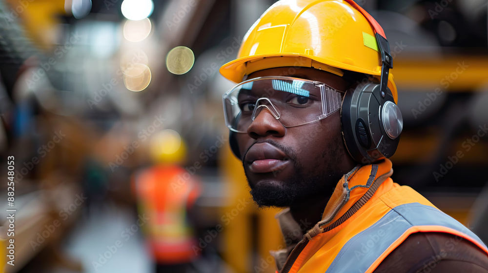 close up black man worker Safety goggles, ear protection, and reflective vests with copy space for labor day. close up black man worker Safety goggles, ear protection, and reflective vests with copy space for labor day.