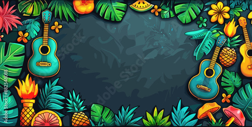 Colorful tropical border with guitars, fruits, and foliage, vibrant illustration, festive design, high-quality print, exotic decor, playful artwork, lush greenery, tropical theme, cheerful decoration