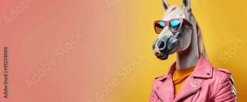 Funky Fashionable Horse in Pink Leather Jacket and Sunglasses on Pastel Background - Stylish Anthropomorphic Animal Portrait with Copy Space © btiger