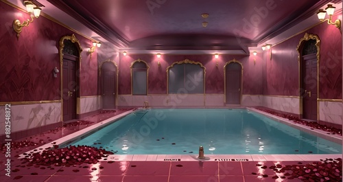 interior of bathhouse spa indoor swimming pool hot tub in palace mansion castle house. steam and fog. luxurious greek and gothic style resort with flower petals scattered on red tile and water. © Shane Sparrow