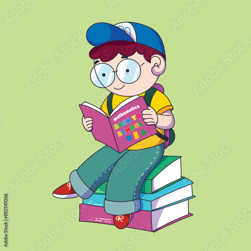 a cartoon of a boy reading a book with glasses reading a book. back to school.