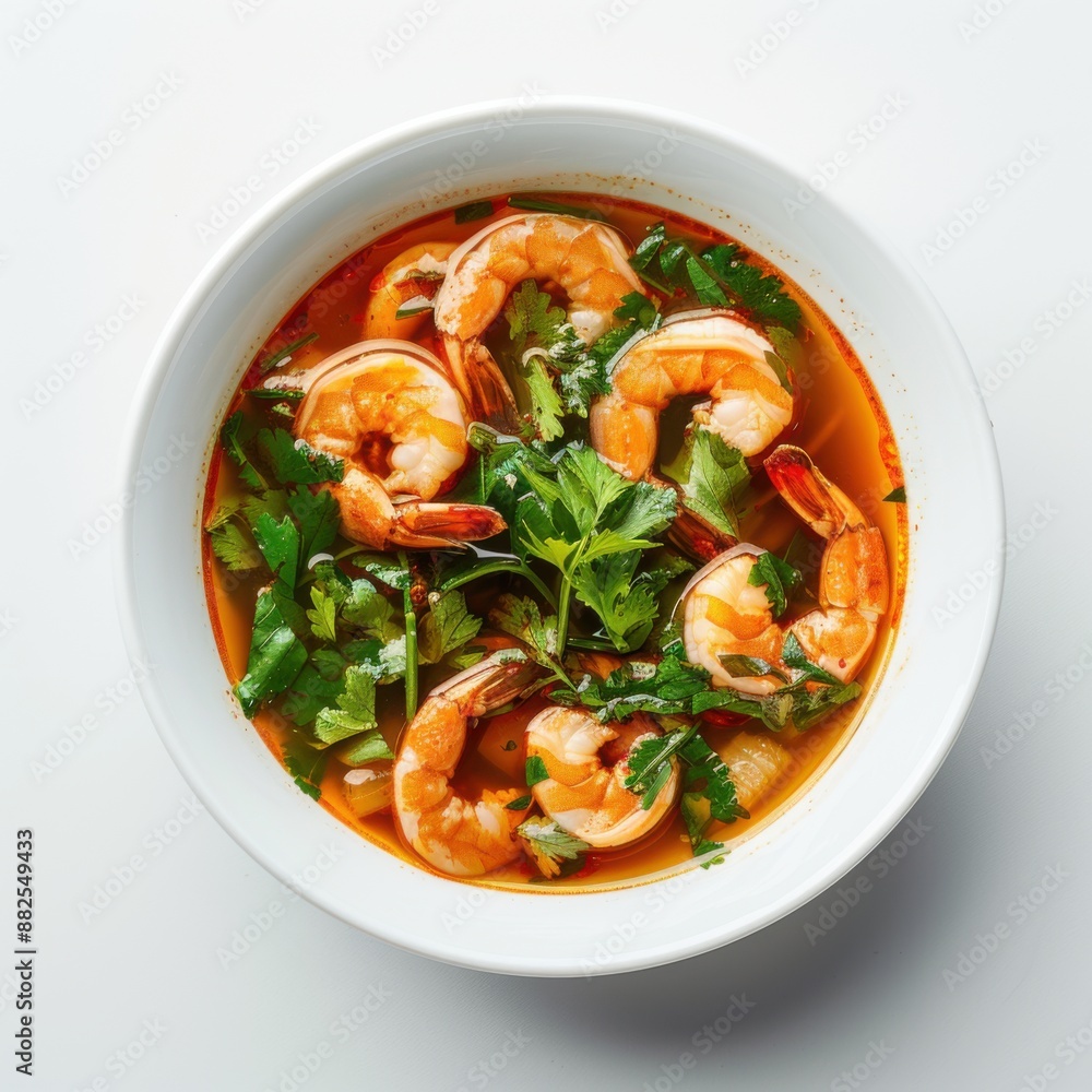 Exquisite Thai Prawn Soup (Tom Yum Goong) Served in White Bowl with Fresh Herbs on Minimalist White Background Exquisite Thai Prawn Soup (Tom Yum Goong) Served in White Bowl with Fresh Herbs on Minimalist White Background