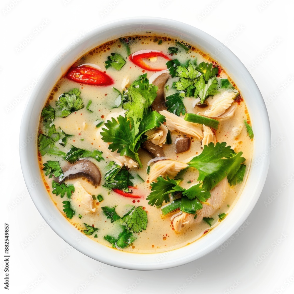 Delicious Thai Chicken Coconut Soup (Tom Kha Gai) in White Bowl with Fresh Herbs on Clean Background Delicious Thai Chicken Coconut Soup (Tom Kha Gai) in White Bowl with Fresh Herbs on Clean Background